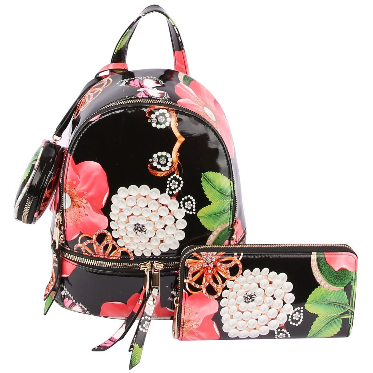 Black Floral Backpack Set