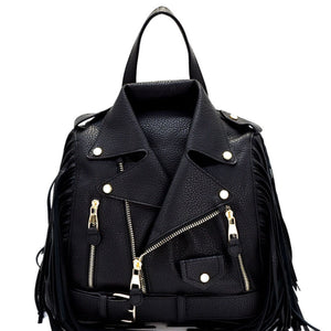 Black Moto Jacket Fringe Backpack