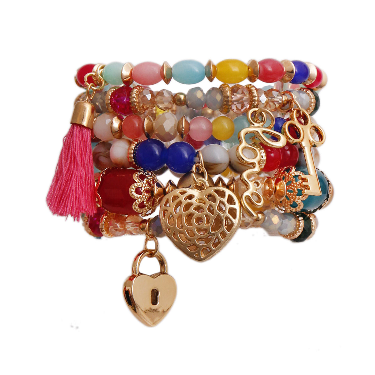 Love Charm Rainbow Bead Stretch Bracelet Set