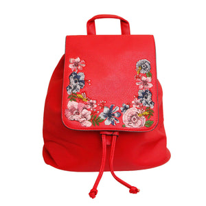 Red Embroidered Flower Backpack