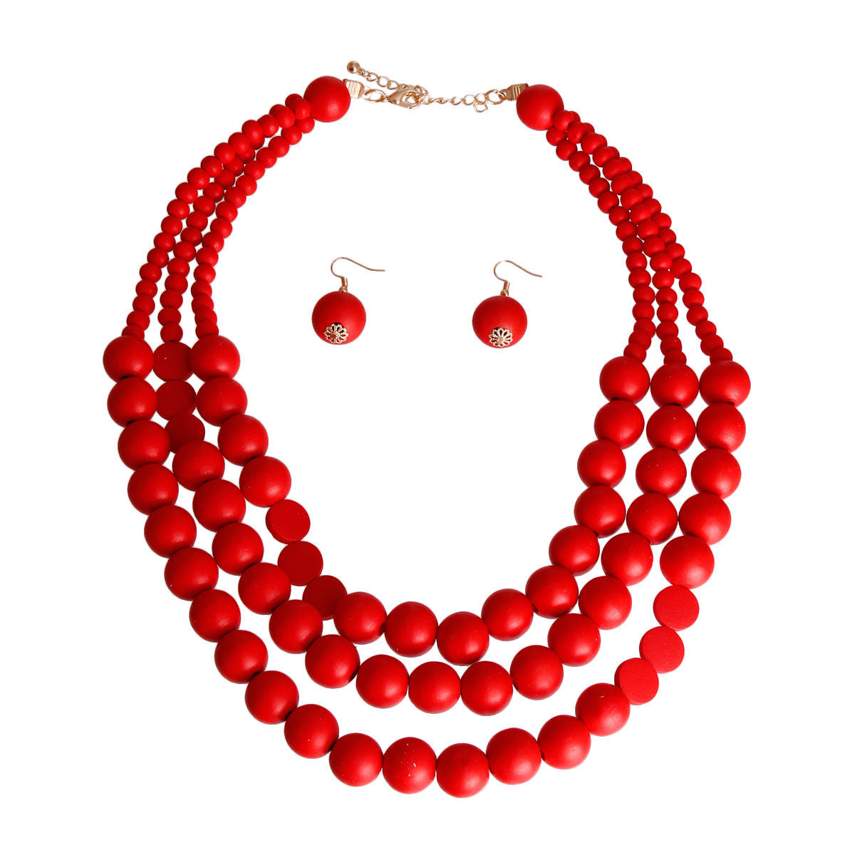 Red Round Wood Bead 3 Strand Necklace