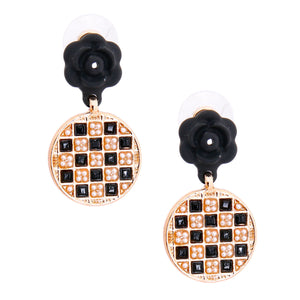 Black Flower Checkerboard Earrings