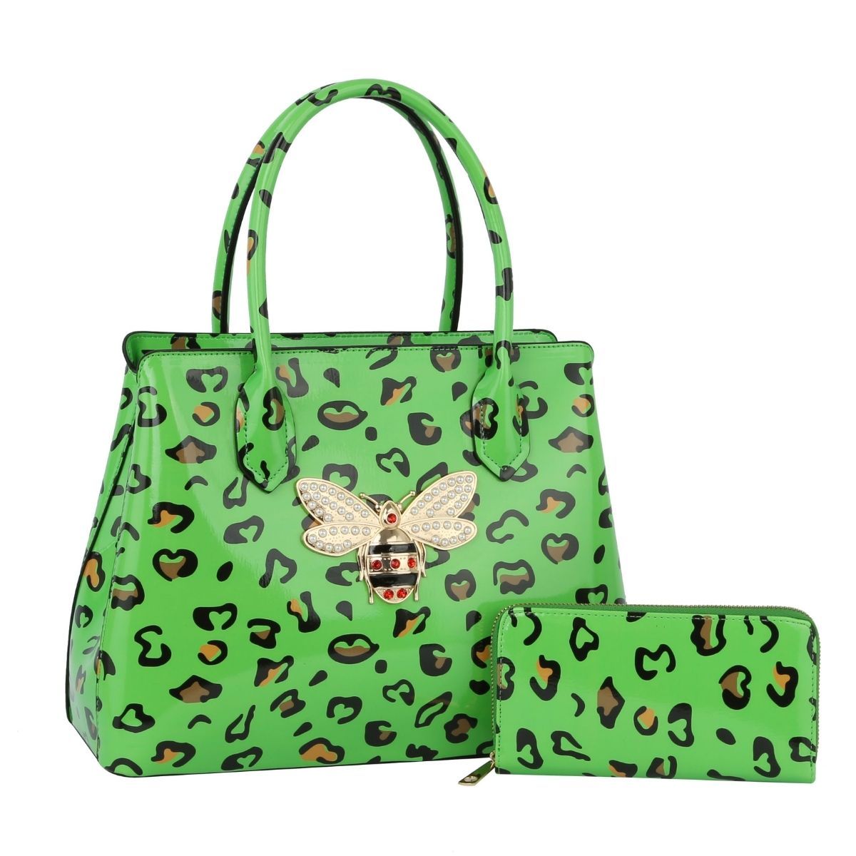 Neon Green Leopard Patent Handbag Set