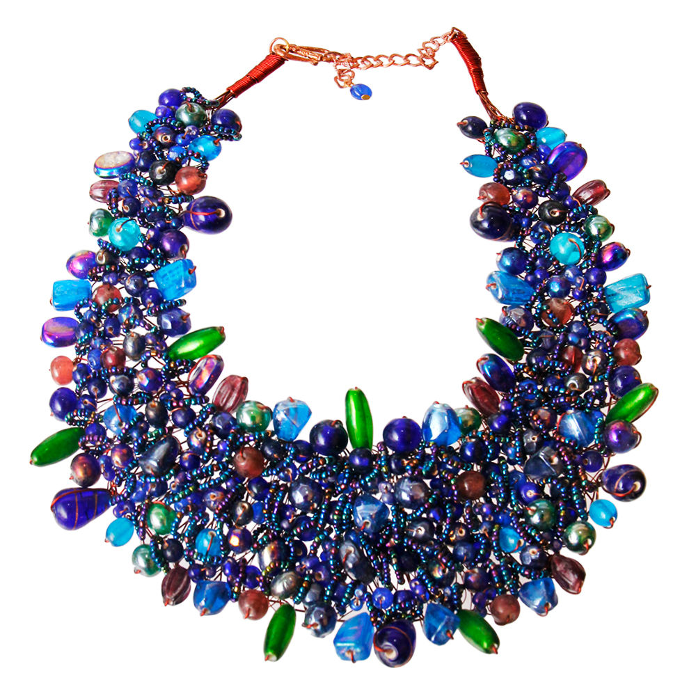 Blue Bead and Copper Bib Necklace