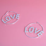 Load image into Gallery viewer, Rhinestone LOVE Silver Hoops
