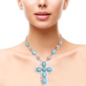 Turquoise Stone Silver Cross Necklace