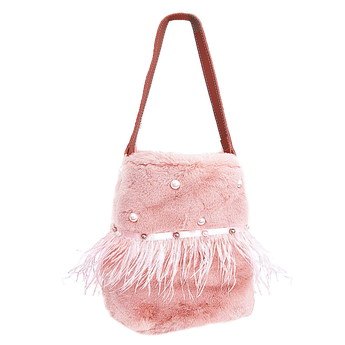 Mauve Fur Pearl Stud Bucket Bag