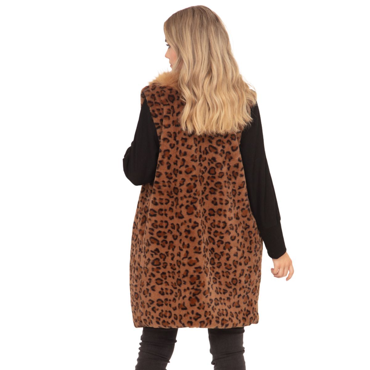 Brown Leopard Fur Trim Vest
