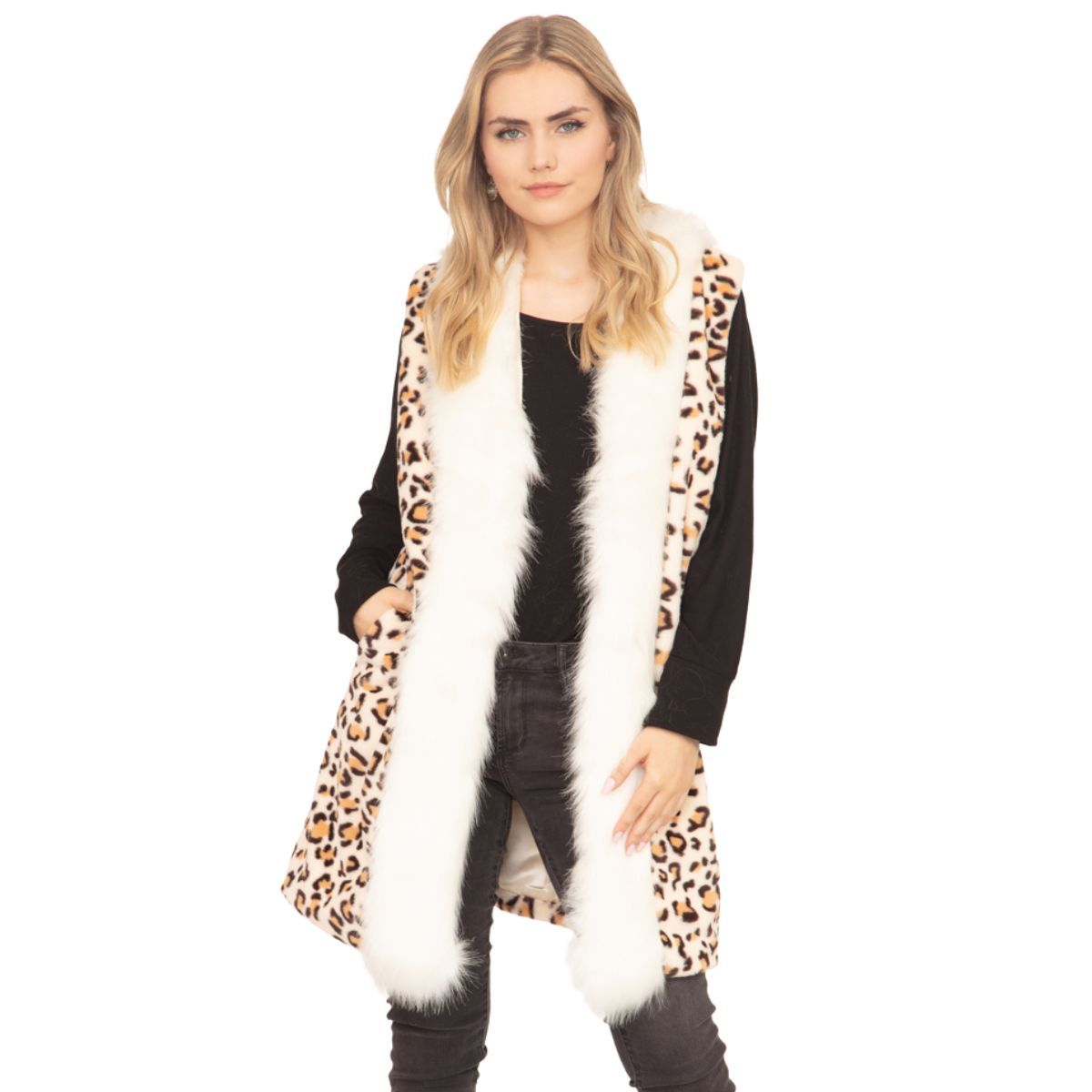 Cream Leopard Fur Trim Vest