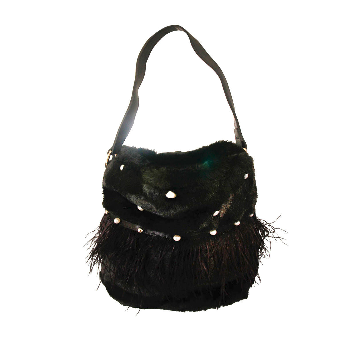 Black Fur Pearl Stud Bucket Bag
