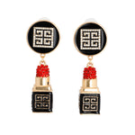 Load image into Gallery viewer, Gold Greek Key 3D Lipstick Charm Earrings
