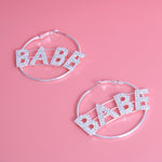 Load image into Gallery viewer, Rhinestone BABE Silver Hoops
